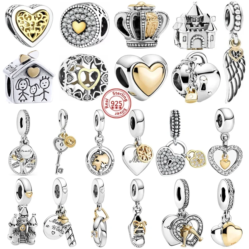 

Fit Original Pandora Charms Bracelet Women Jewelry 925 Silver Golden Heart Crown Birthday Candle Family Tree Pendant Fine Beads