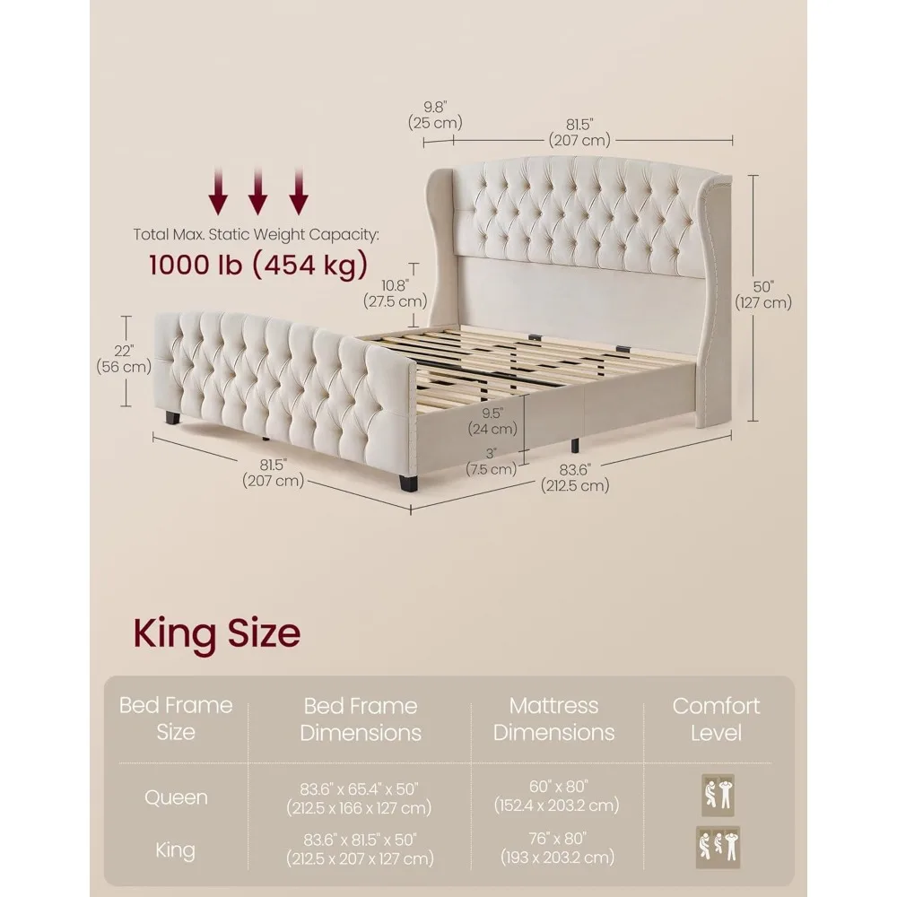 Bed Frame with Tall Headboard,Upholstered Platform Bed Frame King Size,with Wingback Tufted Headboard and Footboard,Wooden Slats 6