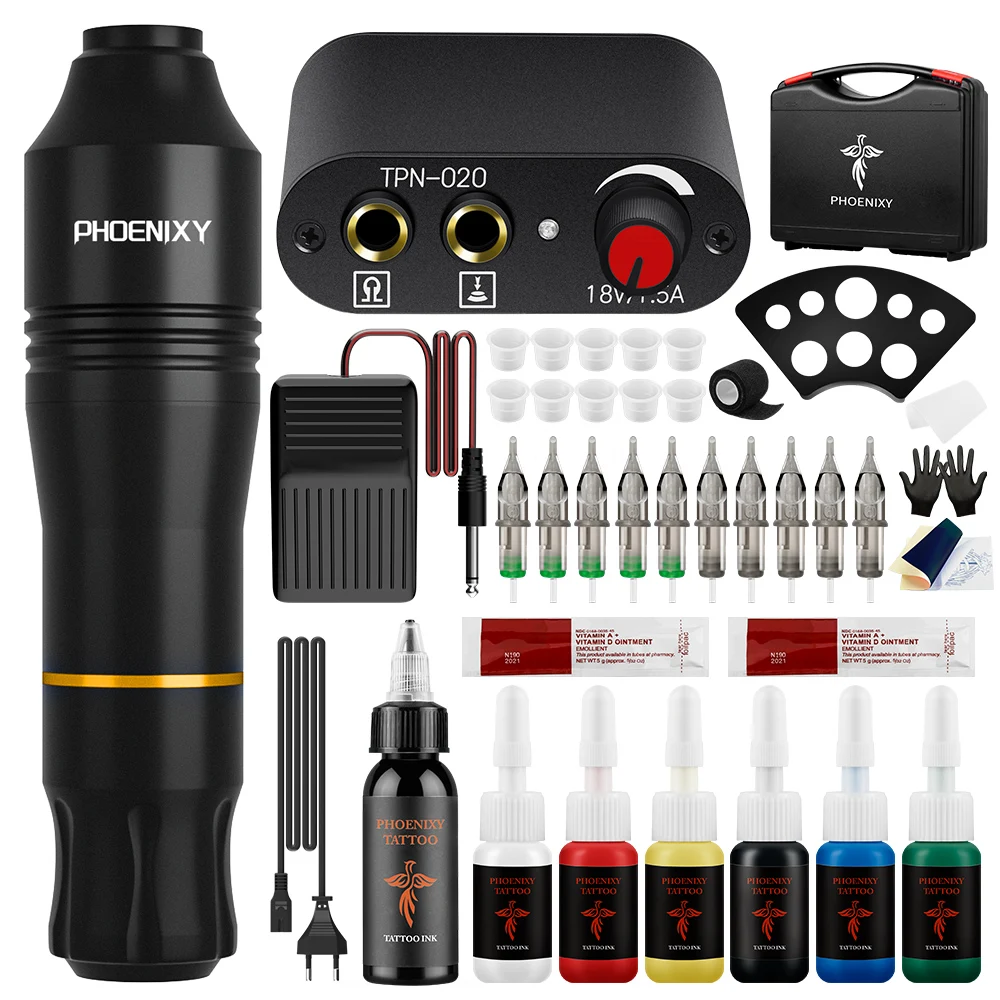 

PHOENIXY Professional Tattoo Machine Kit Rotary Tattoo Pen with Power Supply Permanent Ink Cartridge Needles Makeup Tattoo Kit