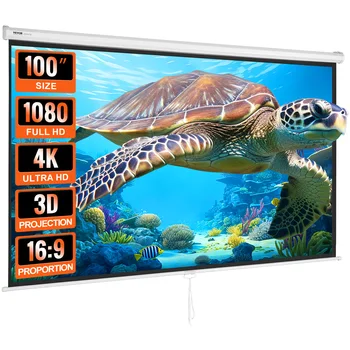 VEVOR Manual Pull Down Projector Screen 100 inch 16:9 4K 1080 HD Retractable Projector Screen for Family Home Office Theater 1
