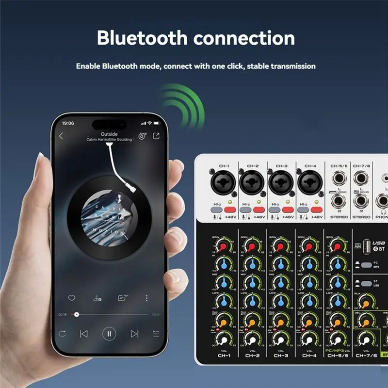 DEBRA PROFESSIONAL AUDIO V8 오디오 믹서 블루투스 USB 48V 팬텀 파워 딜레이 리피트 기능이 있는 소형 믹싱 콘솔(DJ용)