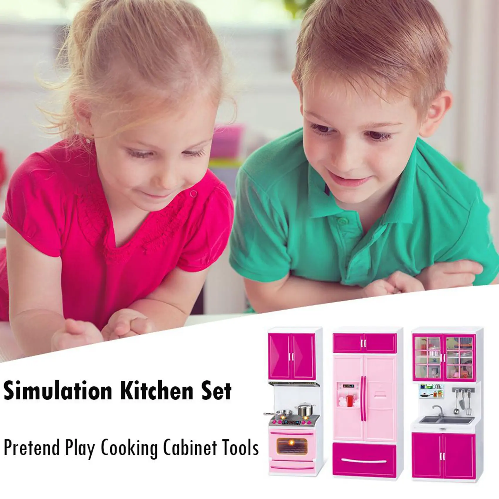 Simulation Kitchen Cabinets Set Children Pretend Play Cooking Tools Mini Tableware Sets Toys Girls Dollhouse Playset 3