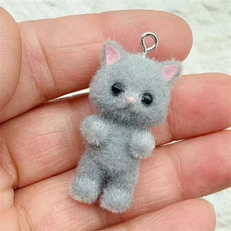 4pcs Kawaii 3D Fluffy Flocking Resin Cat Animal Charms