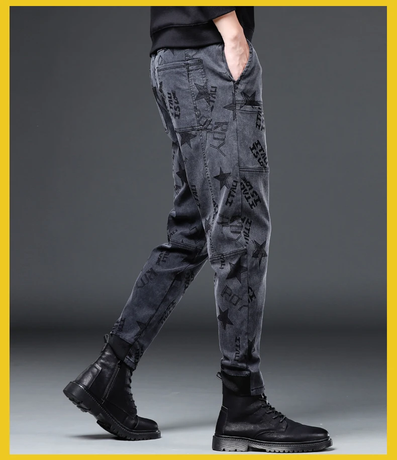 Große Größe 5XL 6XL Herbst männer Sechs Tasche Casual Hosen Schwarz Grau Stern Brief Muster Stretch Gerade Mode Hosen männlichen – Detail 16