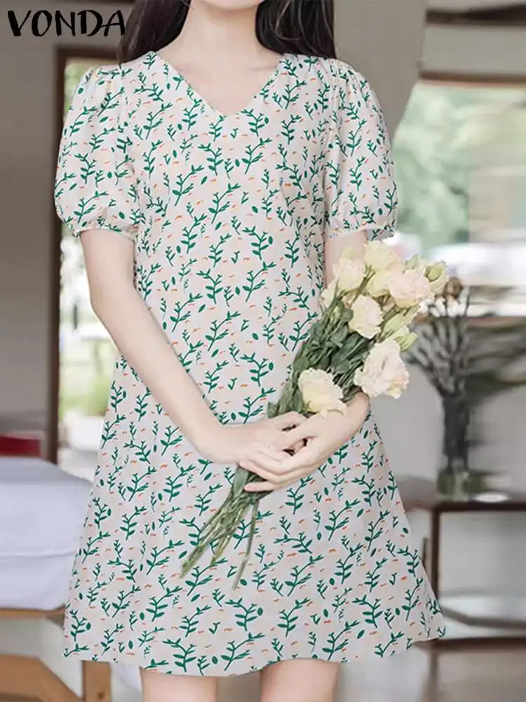 

VONDA Women Elegant Mini Sundress Bohemian Floral Printed Dress 2023 Summer Short Puff Sleeve V-neck Casual Loose Beach Vestidos