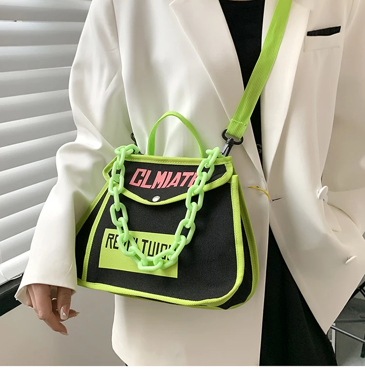Canvas Women's Shoulder Bag Chain Casual Totes Contrast Color Ladies Crossbody Bag Trend Letter Print Fashion Designer Handbags