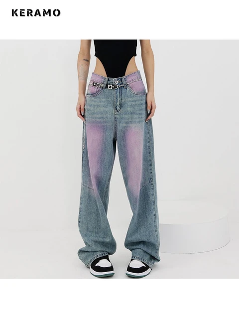 Men Tie Dye Denim Pants High Waist Patch Jeans Bottoms Vintage Loose  Straight Leg Trousers Streetwear 