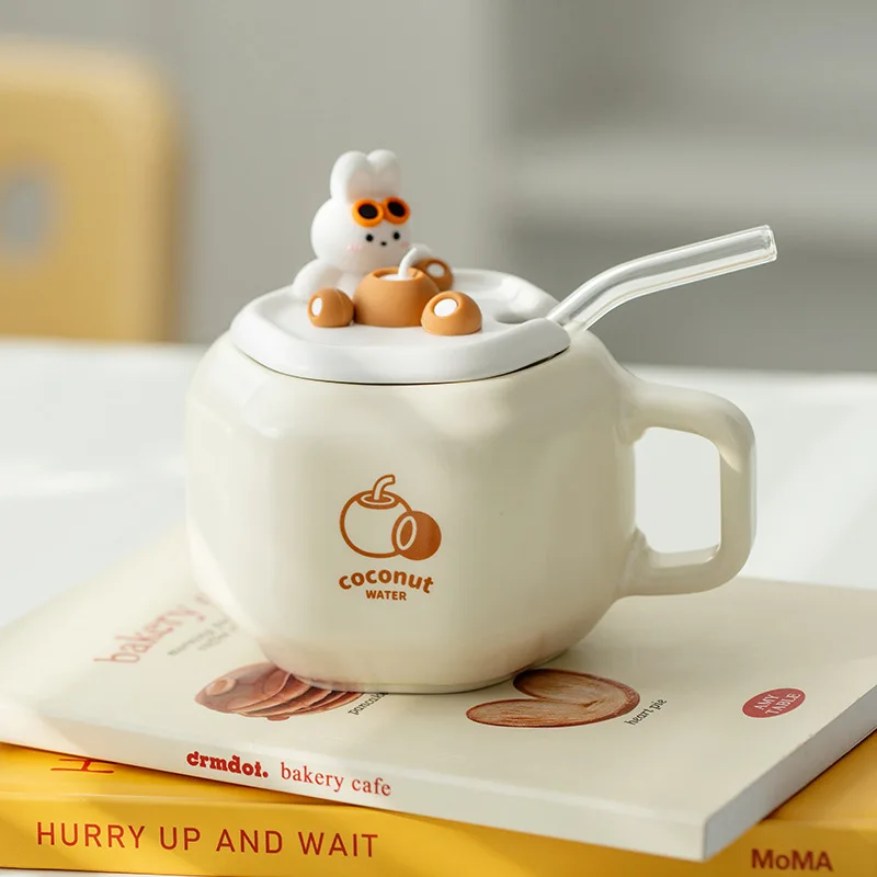 

380ml Cute Ceramic Mug with Lid Breakfast Milk Mugs Juice Cup Lovely Rabbit Coffee Cup Home Office Couple Water Cup Drinkware