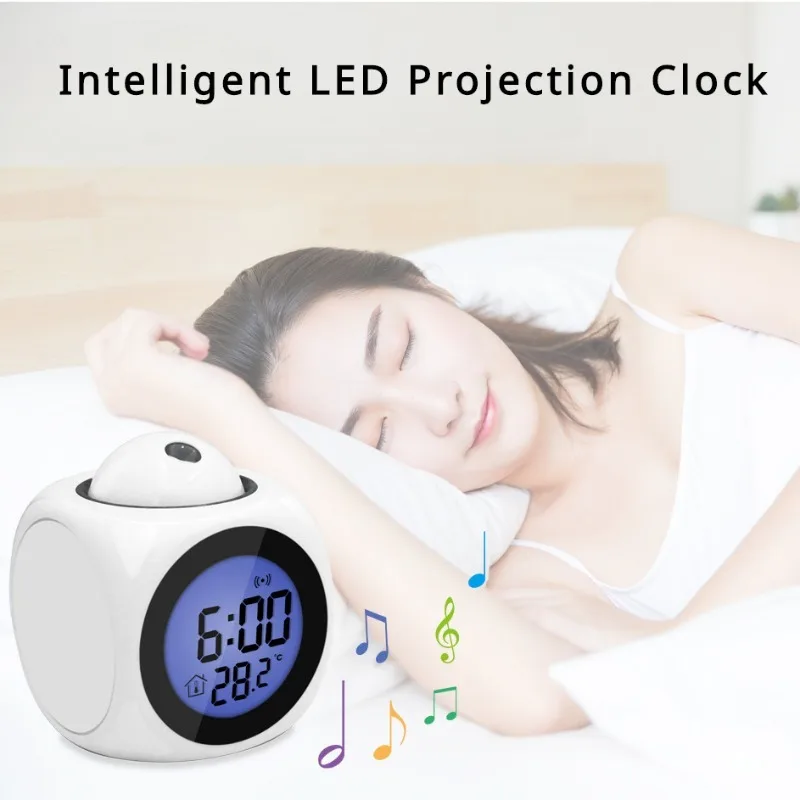 

Clock Digital Projection Clock Voice Broadcast Time Temperature Backlit Music Alarm Clock 12/24H USB Projector LCD Clock