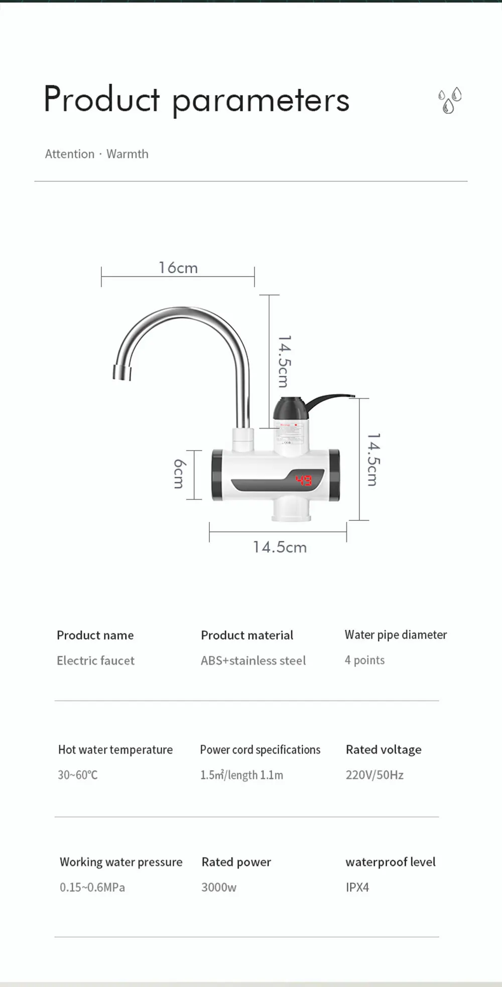 Electric Water Heater with LED Temperature Display Leakage Protection EU Plug for Kitchen/Toilet Instant Kitchen Faucet Heater instant hot water tap