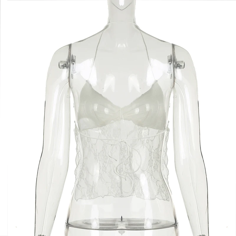 Camisola sexy con cordones y espalda descubierta para mujer, con retazos de encaje y cuello en V, top corto estilo halter Y2K, estilo urbano festivo