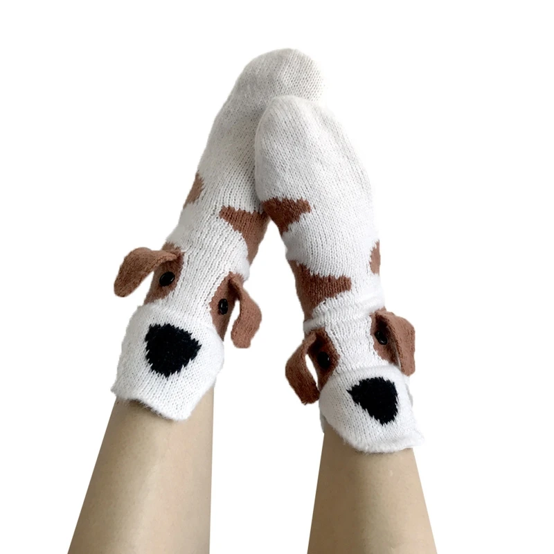 Women Men Christmas Novelty Cartoon Calf Socks Crochet Knit Contrast Color Spotty Dog 3D Puppy Ears Funny Animal Floor Slipper