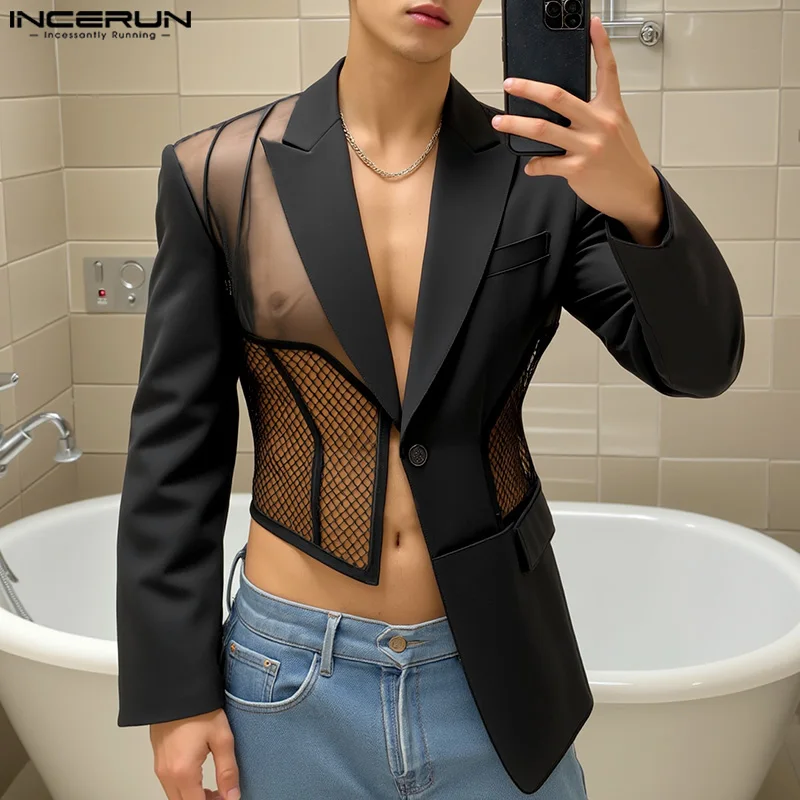 Mens Blazer Thin Mesh Deconstruction Suit Coat Casual Irregular Hem Long Sleeved