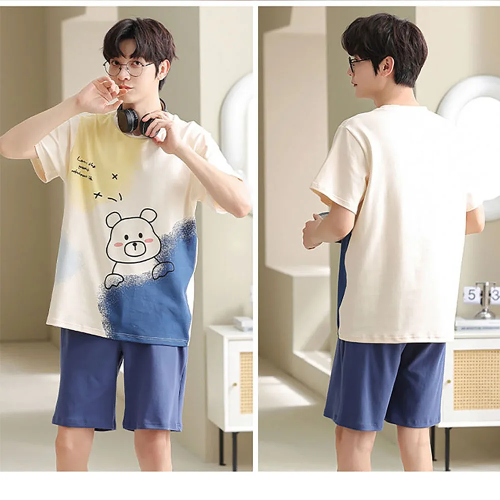 L-3XL 100% Cotton Anti-pilling Men's Pajamas Sleepwear 2024 Summer Cartoon Pajama Set Casual Breathable Pijamas Pijama Hombre