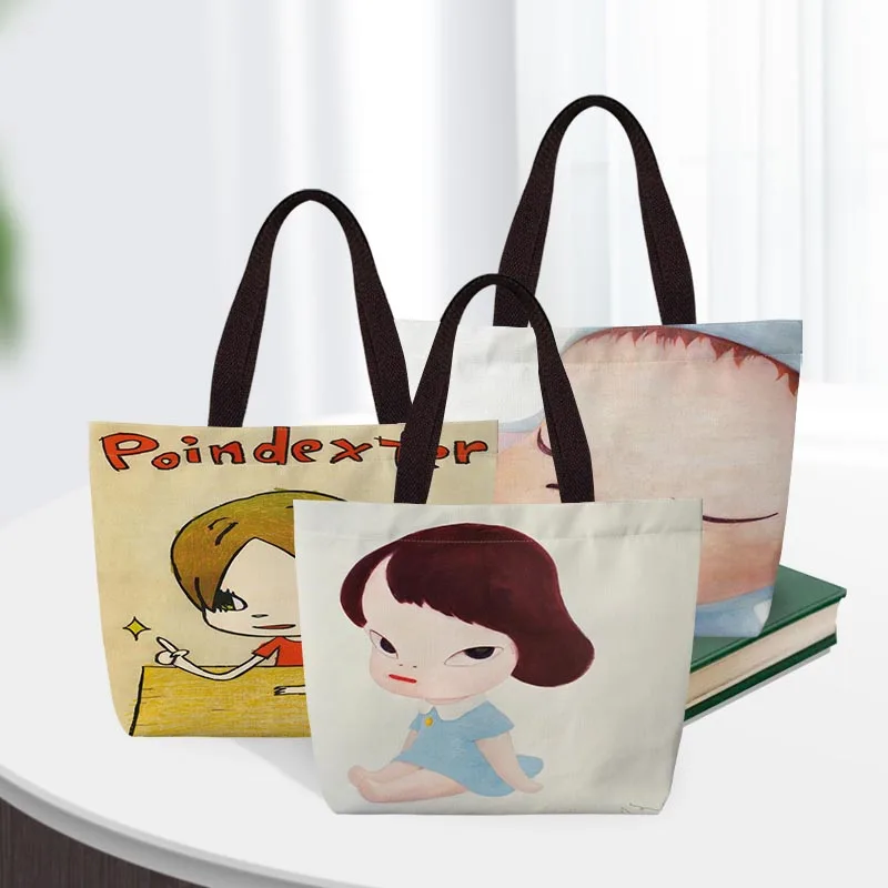 

Nara Yoshitomo Linen Handbag Women Tote Bag Famous Singer Print Lunch Bag Portable Totes