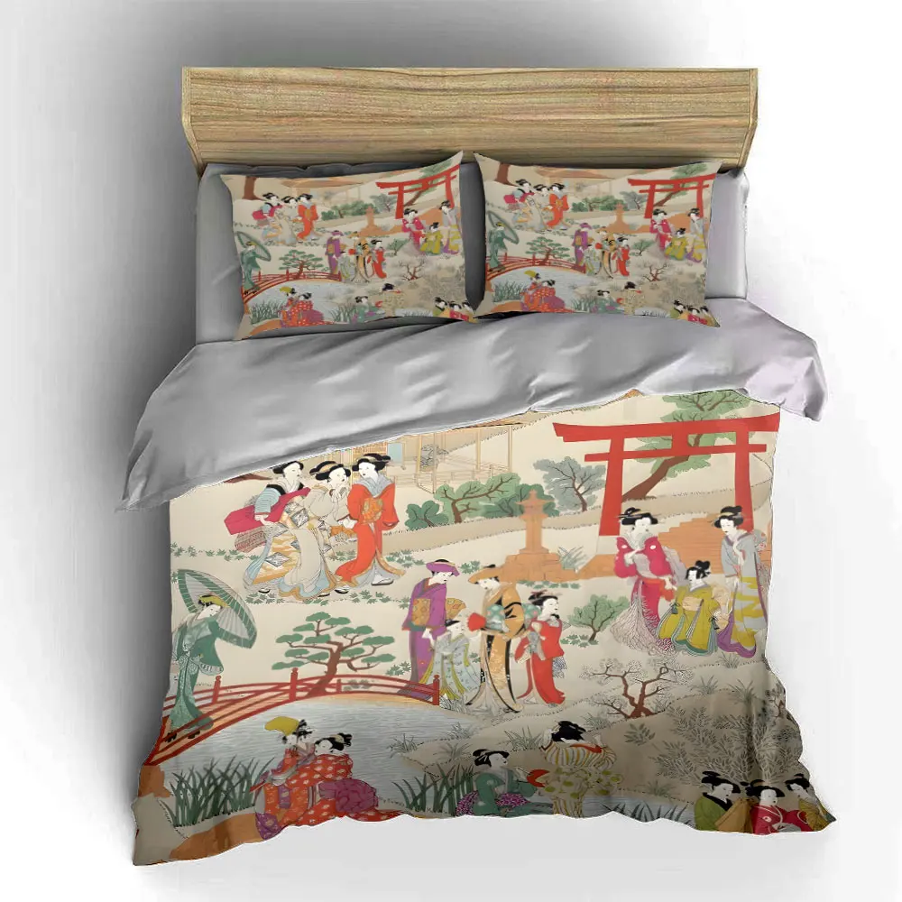 Elegant Japanese Garden Bedding Set 3pcs, Vintage Ukiyo-e Art Print Duvet Cover, Soft Cozy Bed Linens with Torii Gate Design 5