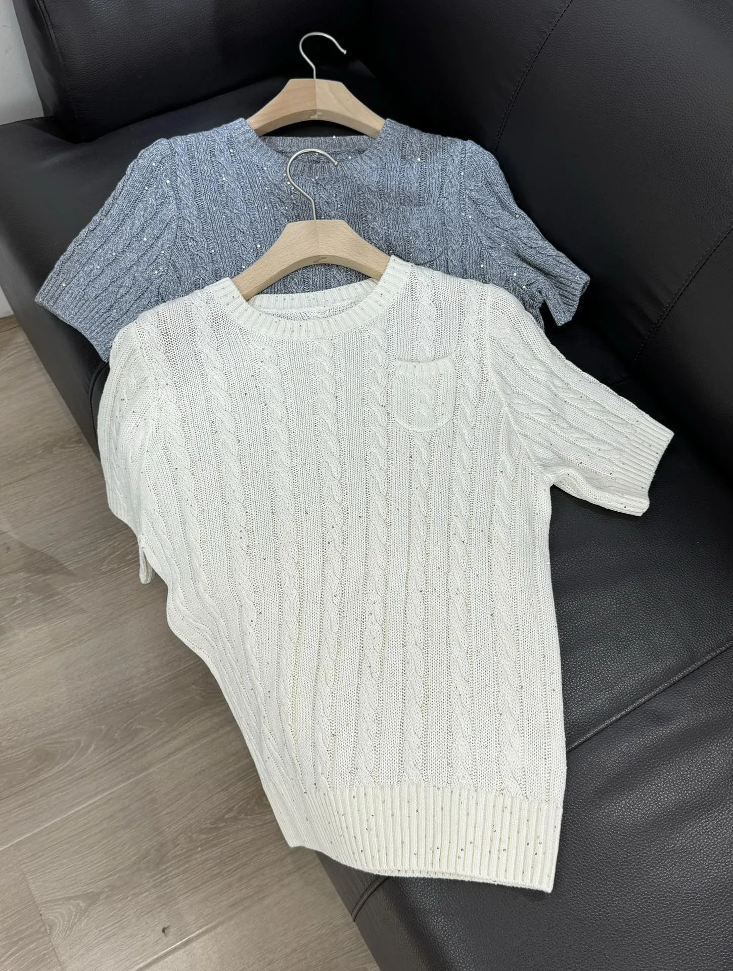 

Новинка Весна 2024 женские вязаные топы с коротким рукавом свитер с коротким рукавом и круглым вырезом