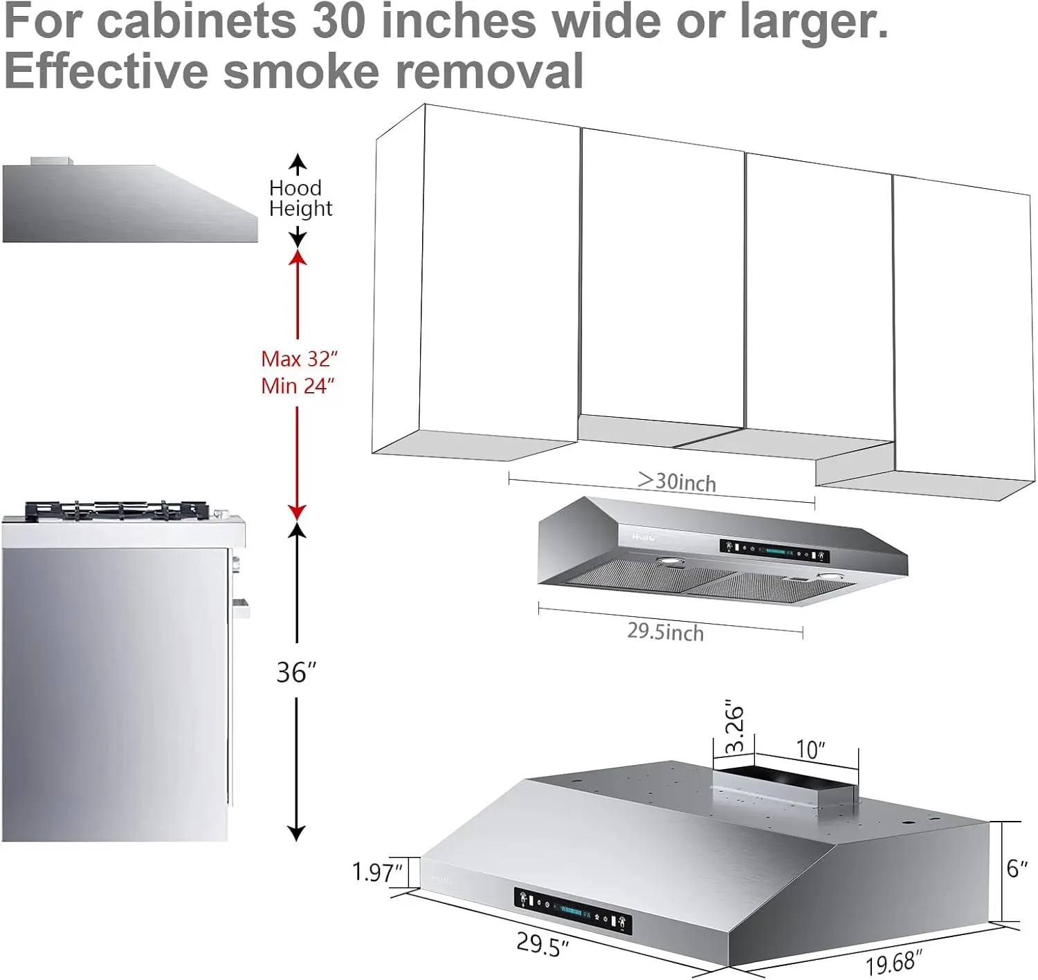 30 Inch Under  900-, 4 Speed Gesture Sensing&Touch Control Panel, Stainless Steel Kitchen Vent 6