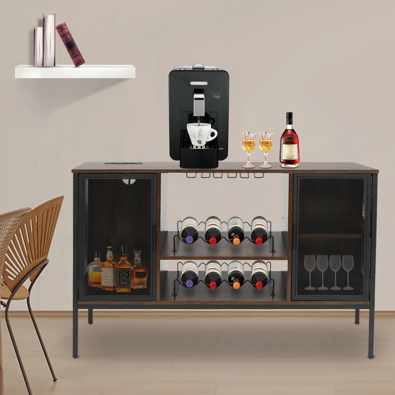 120*34*76.5cm Wine Bar Cabinet Coffee Bar Cabinet Coffee Station Sideboard Wine Rack with Glass Holder for Living Room Kitchen