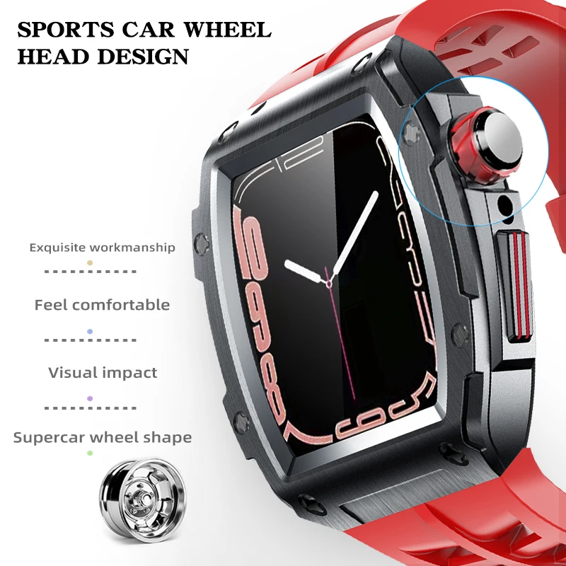 Retrofit Kit Strap For Apple Watch Band 45mm 44mm Rubber Silicone Strap+Stainless Steel Kit Cover For iWatch Series 8 7 6 5 4 SE