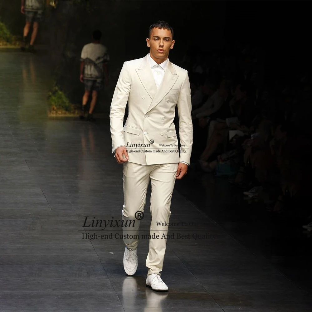

Fashion White Daily Mens Suits Double Breasted Banquet Tuxedo Business Blazer Slim Fit 2 Piece Jacket Pants Set Terno Masculino