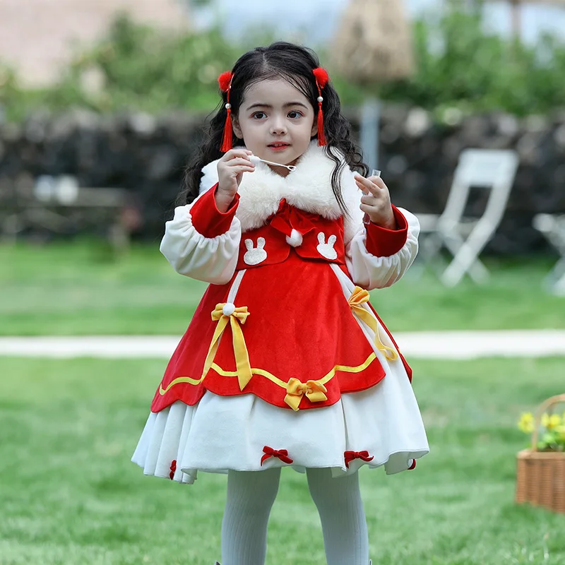 

Christmas Dress for Girls 2023 Baby Girl Chinese Style Boutique Lolita Dresses Winter Children Big Fur Collar Birthday Clothing