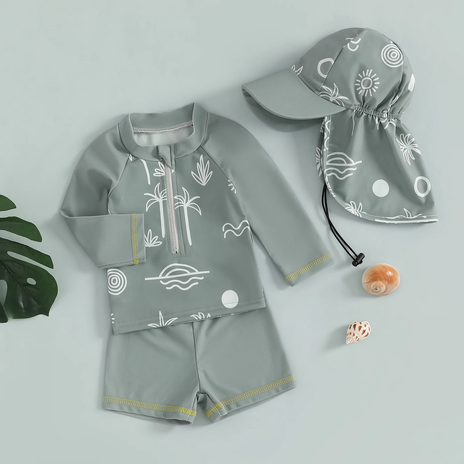 MISOWMNJOY Summer Children Boys Swimming Suit Fashion Rash Guard Swimsuit Tree Print Long Sleeve Zipper Tops with Shorts Hat Set