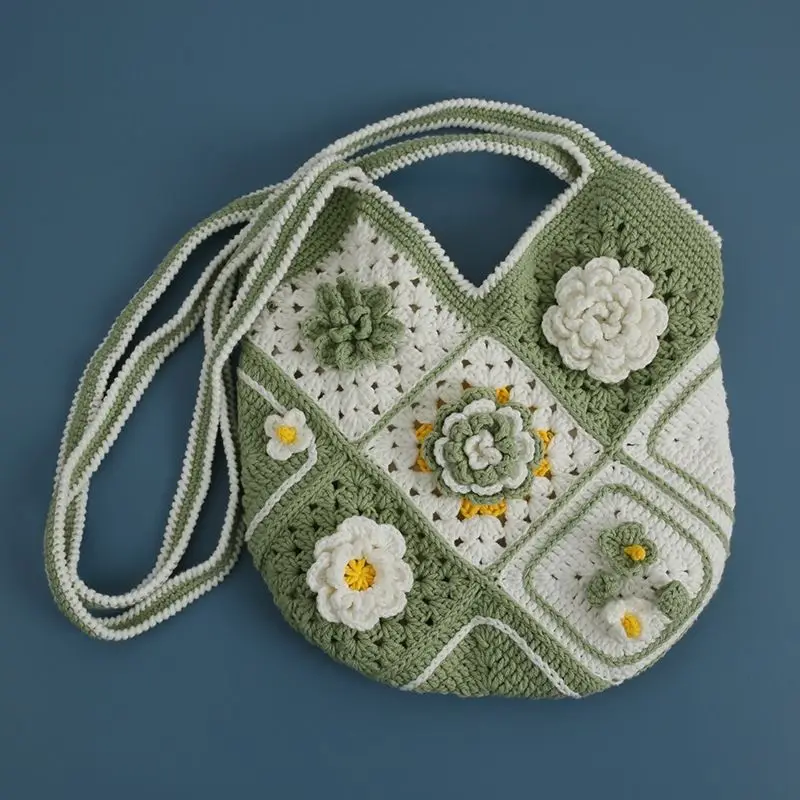 

Finished summer fresh handmade woven crossbody bag handmade woolen crochet women's bag grandmother plaid flower bag