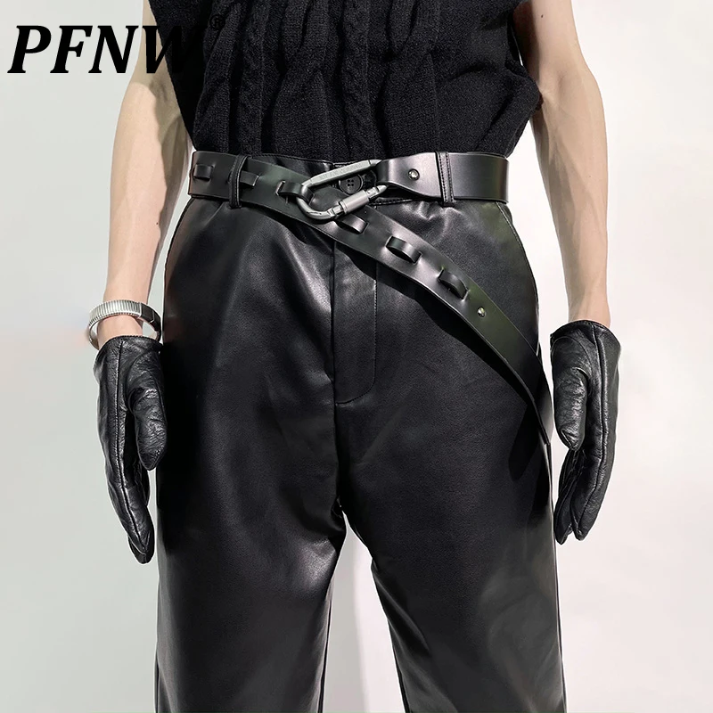 

PFNW Men's Customized Metal Polishing Hook Top Layer Leather Belt Darkwear Personality PU Motorcycle Cool Niche Design 12A9788