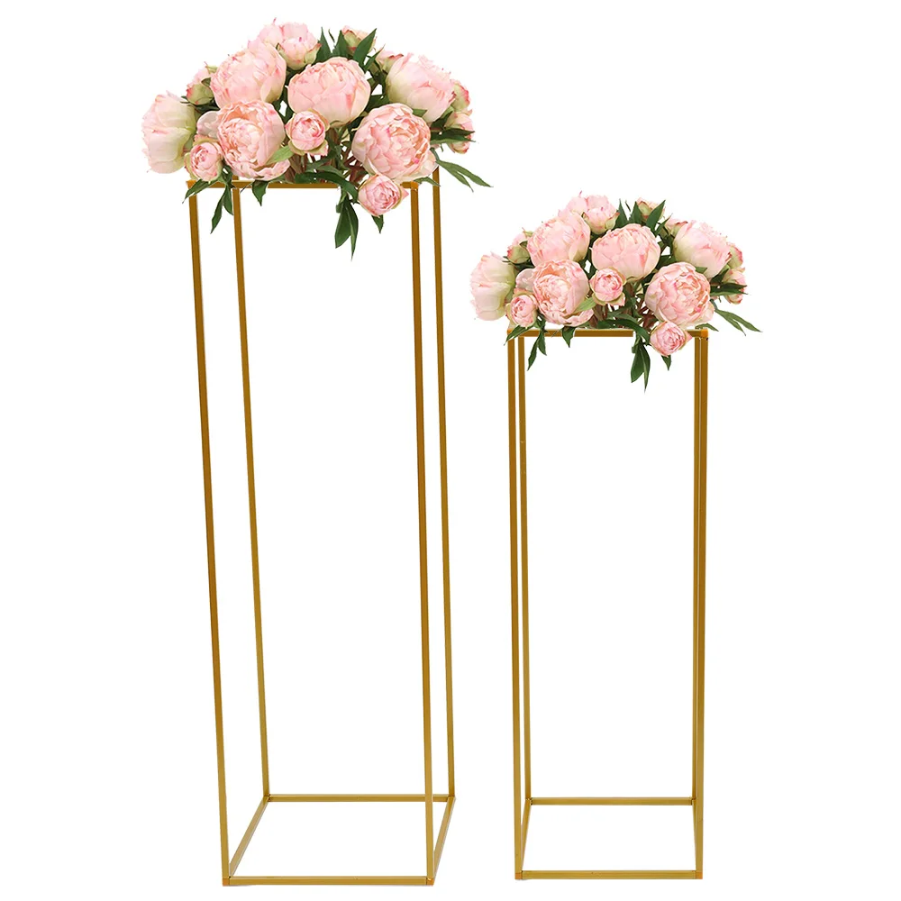 2Pcs Gold Metal Tabletop Flower Rack Road Lead Stand Geometric Column Vase Stand Wedding Party Decor 80cm+100cm