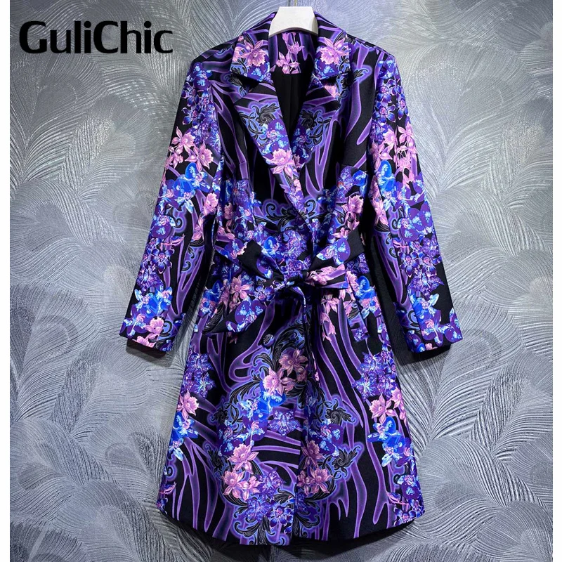 

9.23 GuliChic Women Runway Fashion Design Trench Coats Vintage Print With Belt Lapel Collar Long Sleeve Elegant Ladies Overcoat