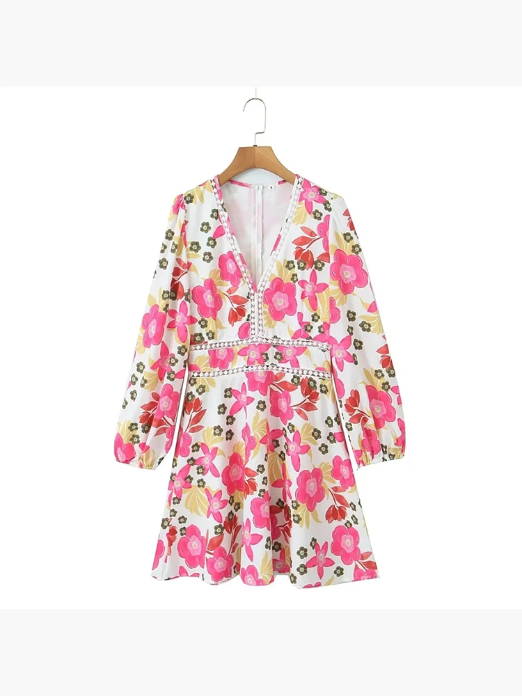 

Женское короткое прямое платье, элегантное ажурное платье составного кроя с V-образным вырезом и цветочным принтом, модное красное платье для девушек