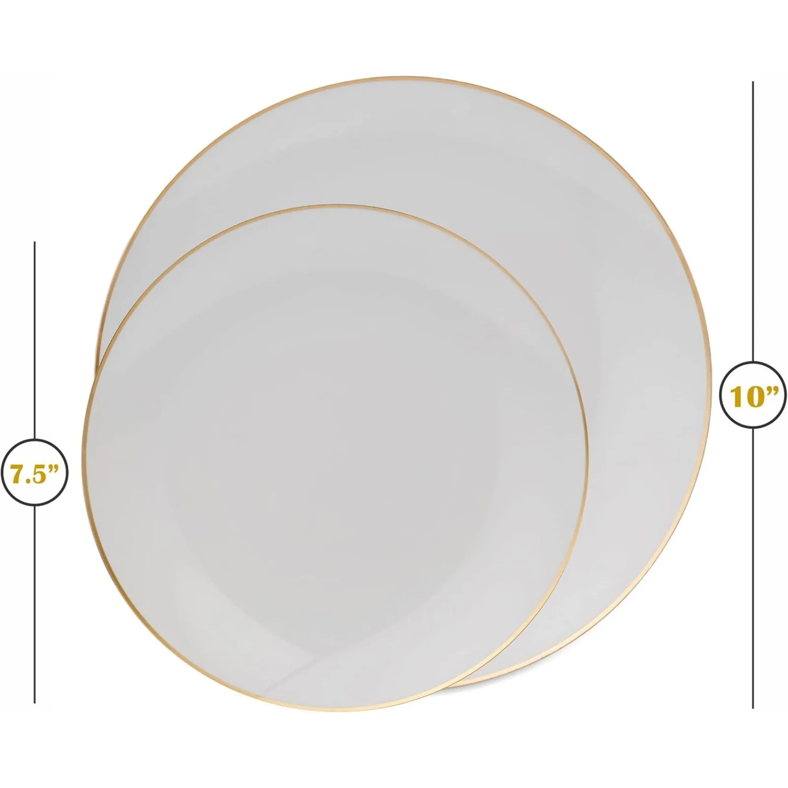 US 100 PCS Disposable Plastic White Plates Combo 50 7.5 In. Gold Rim Appetizer/Dessert Plastic Plates And 50 10 In. Gold Rim