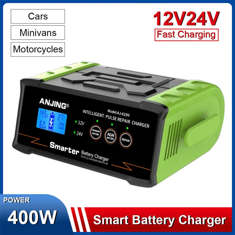 

New 12V-24V Car Battery Charger 400W High Power Smart Battery Charger Trickle Smart Pulse Repair Car Truck Boat Motorcycle