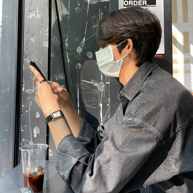 Spring Men's Denim long-sleeved pocket shirt casual Korean turn down button streetwear luxury big size stylish,denim shirt,long sleeved shirt