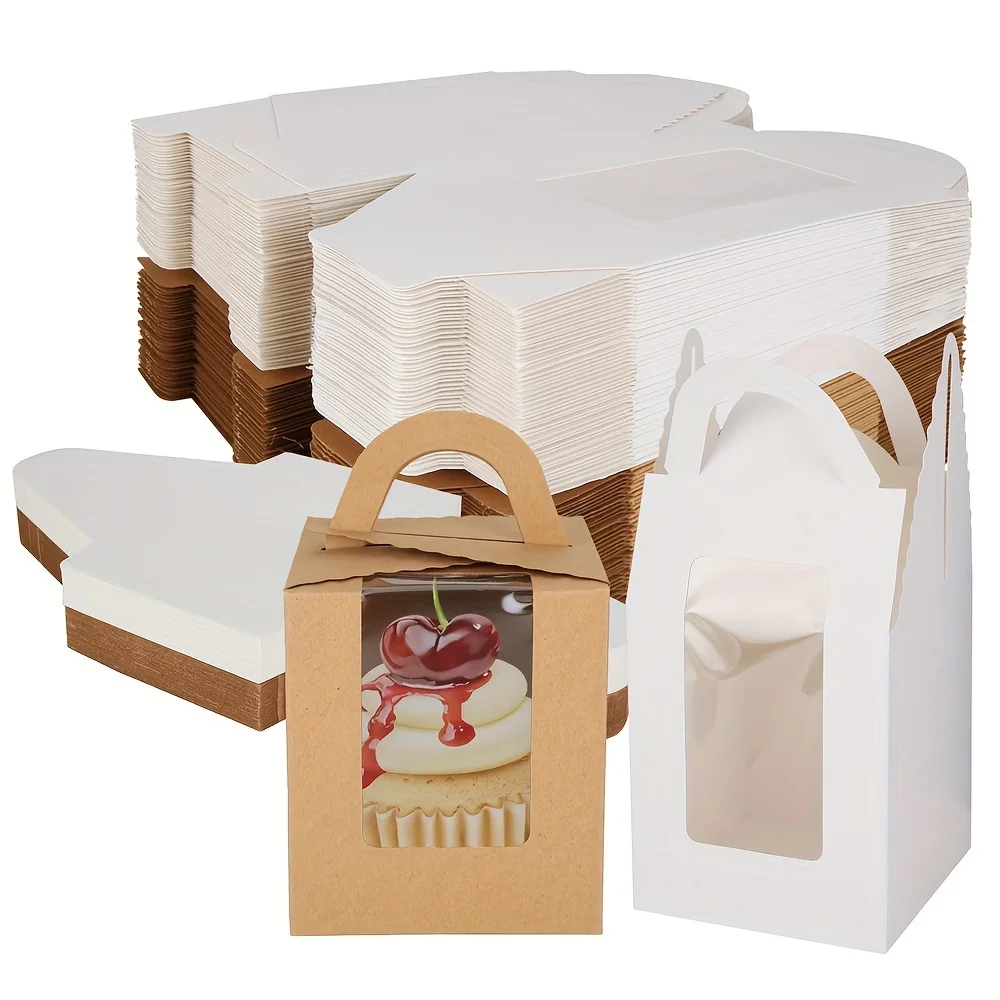 

24pcs Single Cupcake Boxes Kraft Paper Individual Cupcake Boxes with Window Insert Handle