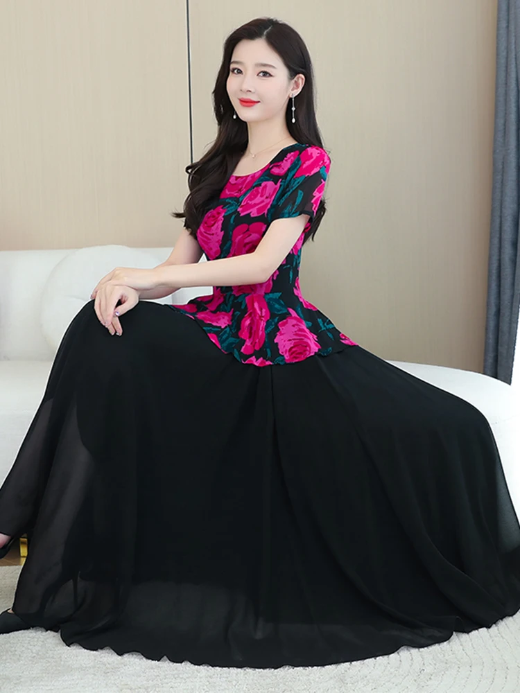 

Summer Clothes For Women Elegant Vintage Maxi Dress Black Fashion Chiffon Floral Tunics Prom Casual Long Party Evening Dresses