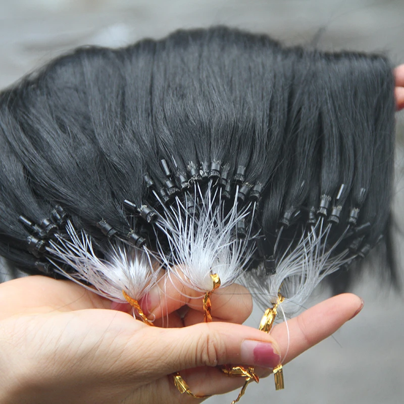 Remy Micro Ring Hair Extensions Straight Micro Loop Hair Extensions #1 jet-black Beads Pre Bonded 16Inch