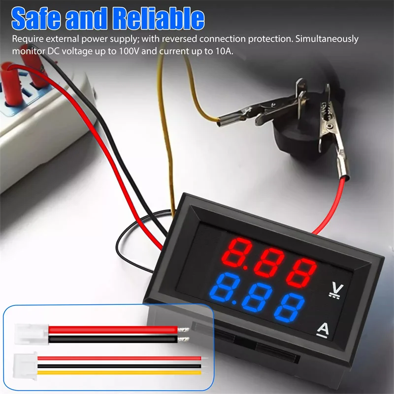 1Pc 0-100V 10A 디지털 전압계 전류계 듀얼 디스플레이 전압 감지기 전류 측정기 패널 전압 게이지 0.28 빨간색 파란색 LED.