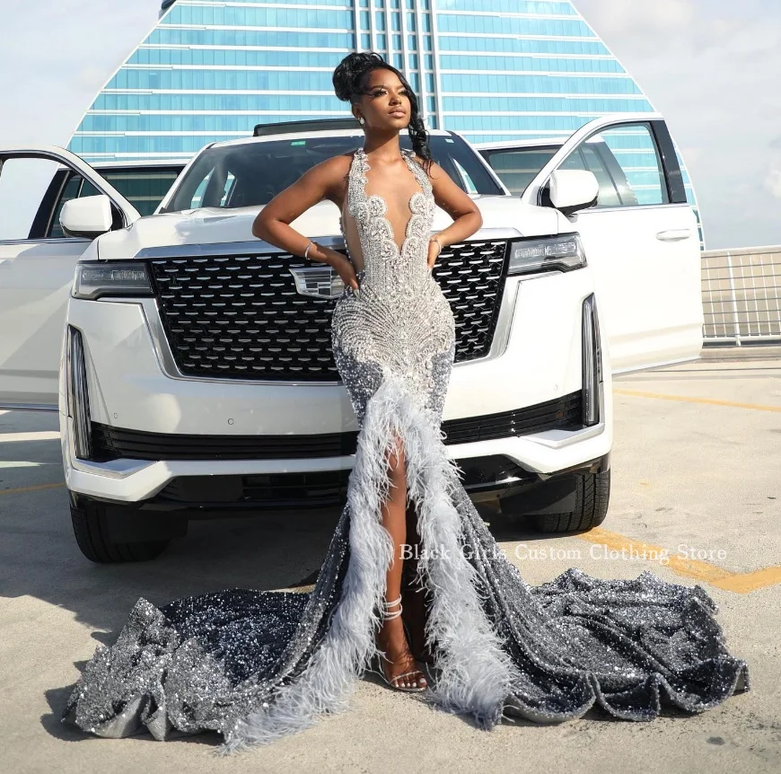 Silver Grey Prom Dress V Neck Hanging Neck Diamante Feather Split