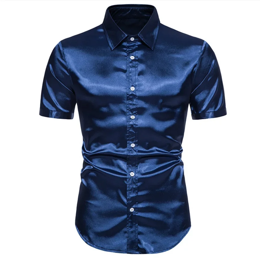 

Plus Size S-XXL Men Shirt Satin Smooth Men Solid Tuxedo Business Shirt Men Casual Slim Fit Shiny Gold Wedding Dress Shirts