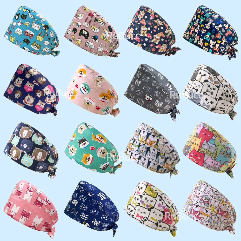 

Adjustable Scrub Cap Health Worker Dust Cap Personality Cartoon Print Scrubs Hat Lab Working Hat with Button Pet Shop Scrub Hats