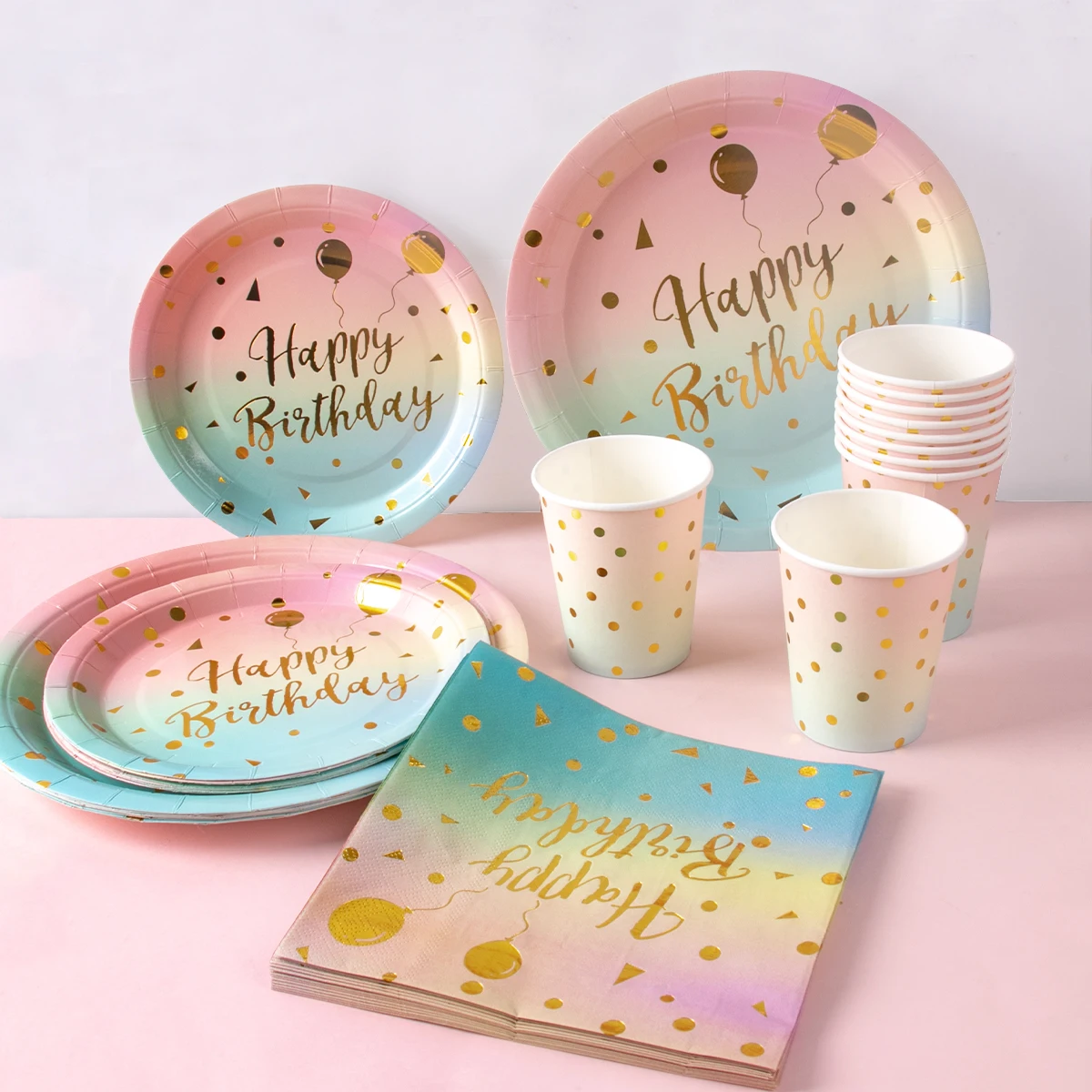 Pastel Rainbow Party Birthday Disposable Tableware Gold Dot