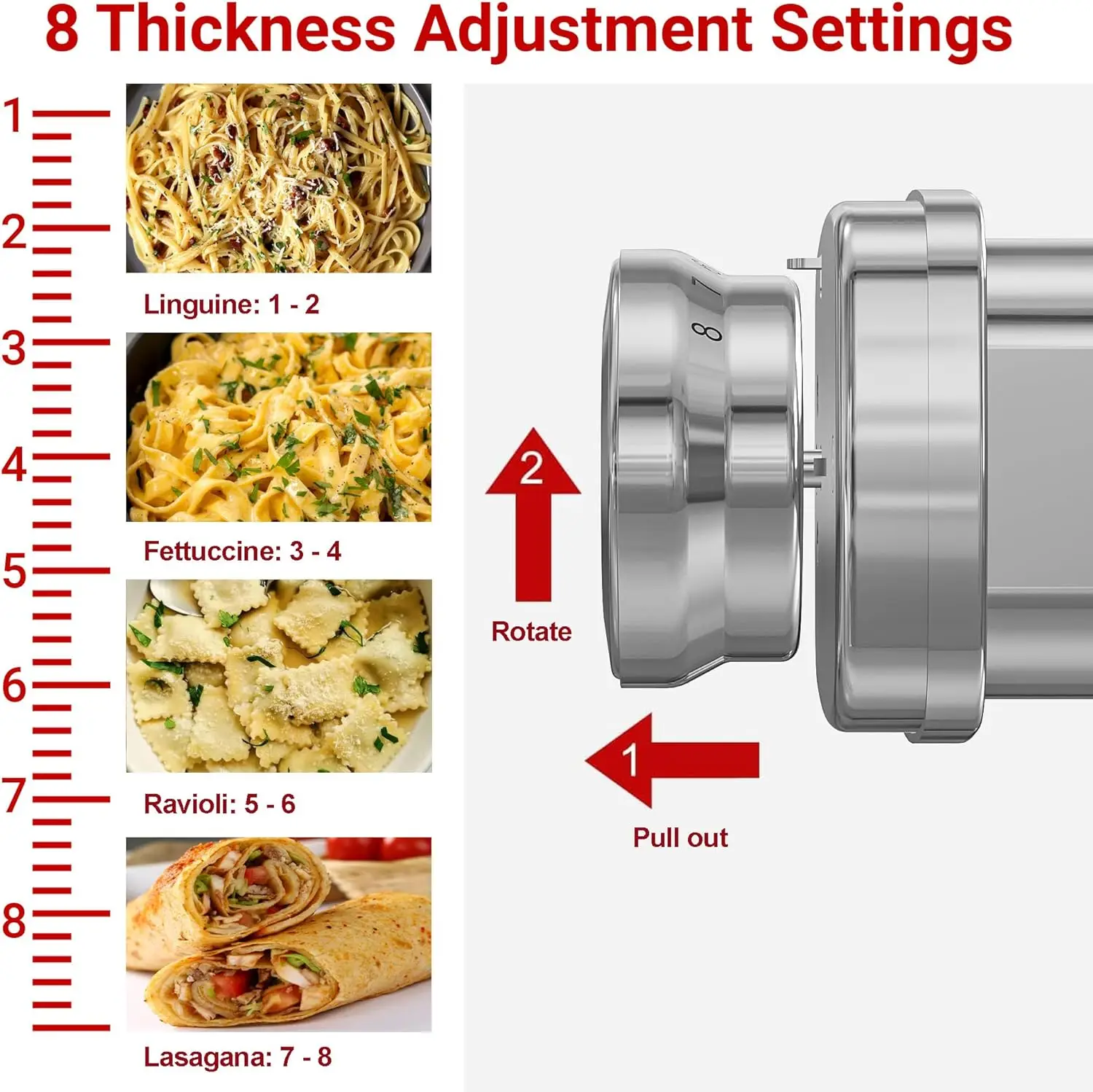 All Metal Pasta Maker Attachment for KitchenAid, 3 In 1 Pasta Attachment for Kitchen Aid Stand Mixer, 8 Gears Adjustable R
