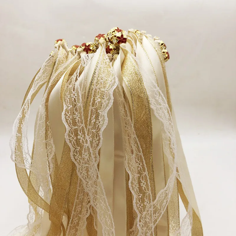 Whitney New 1674 Wedding Event Decoratn Lace Gold Wedding Wands Ribbon Pull Lawn Wedding Party Guest Hand Hold Cheers Wand