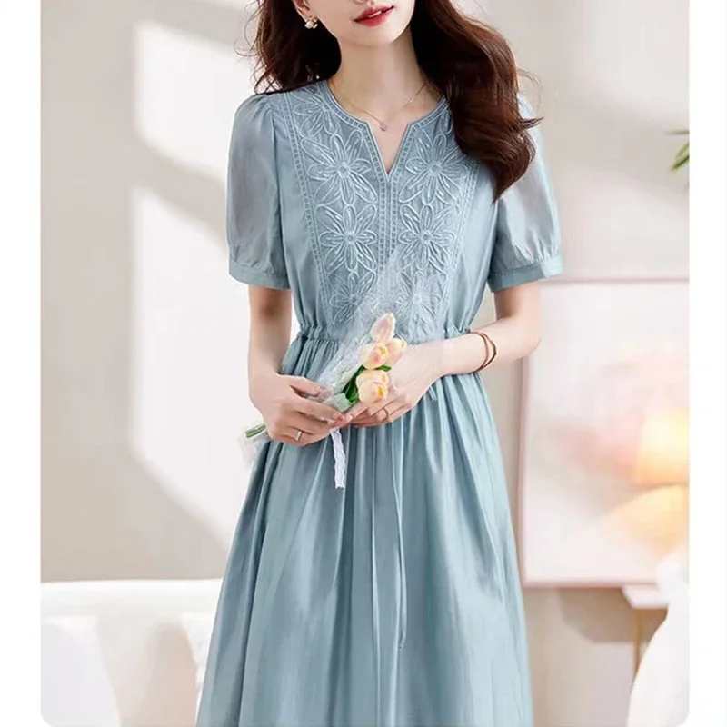 

Elegant Embroidery Shirring Bandage Puff Sleeve Party Dress Women Clothing Summer New Loose Office Lady Short Sleeve Dress L121