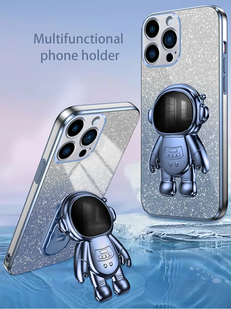 Support d'astronaute plaqué paillettes, Cae pour Iphone 15 14 13 12 11 Pro Max, Mini support, housse en Silicone sur Apple X Xr 6 7 8_voghion.com