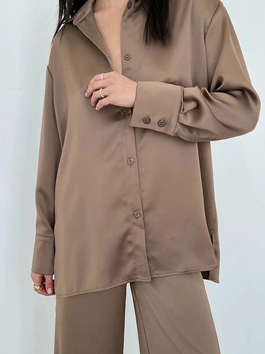 Marthaqiqi Casual Satin Femme Nightgowns Set Long Sleeve Nightwear Turn-Down Collar Sleepwear Wide Leg Pants Pajama 2 Piece Suit