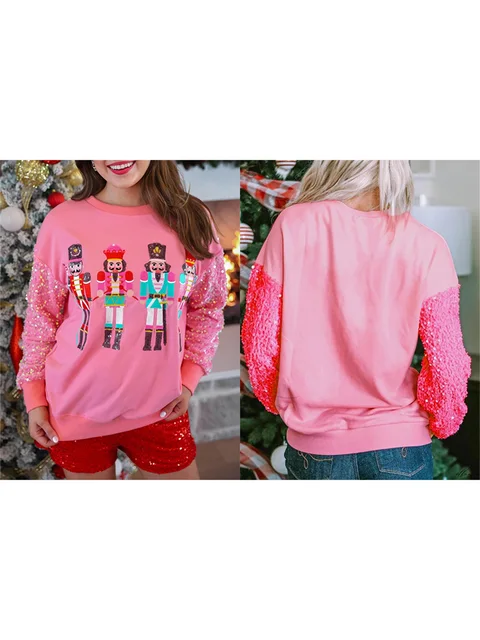Women s Christmas Loose Pullover Glitter Sequin Long Sleeve Crew Neck Reindeer Printed Sweatshirt with Pockets 3