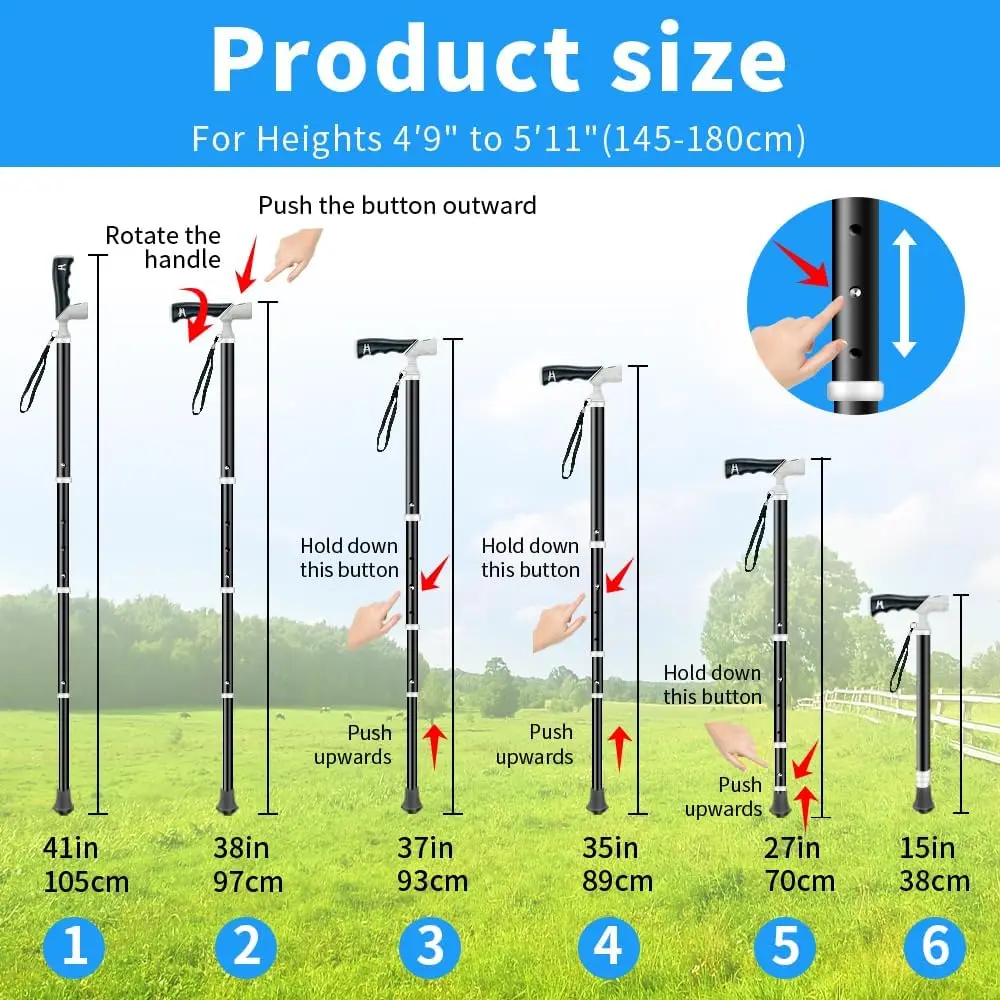 Adjustable Telescopic Walking Cane, Lightweight Foldable Hiking Stick for Seniors & Outdoor Activities